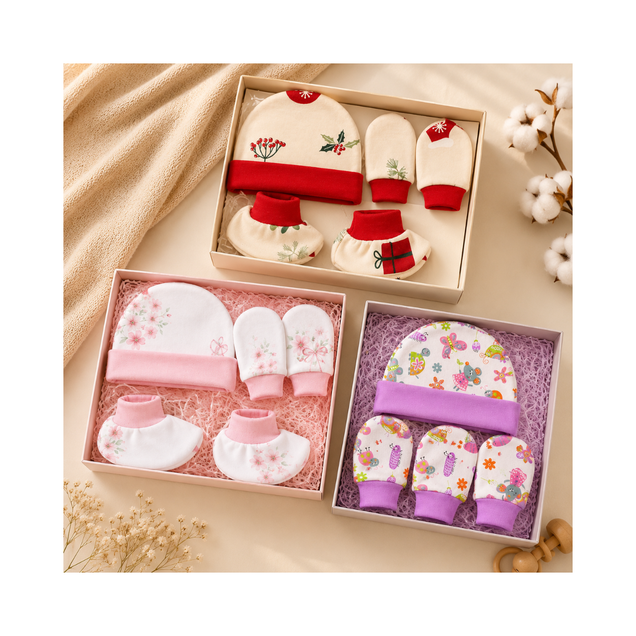 Set of baby booties, hats, and mittens in decorative boxes on a soft beige background.