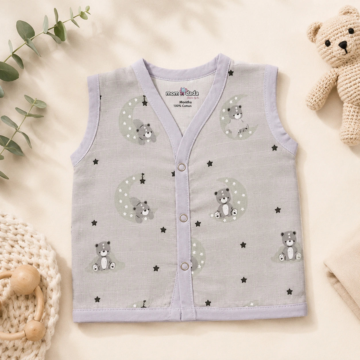 Muslin Button Jabla  - Dreamy Teddy Grey Print