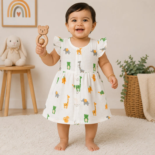 Muslin Cotton Baby Dress with Frill Sleeves |  Elephant Print