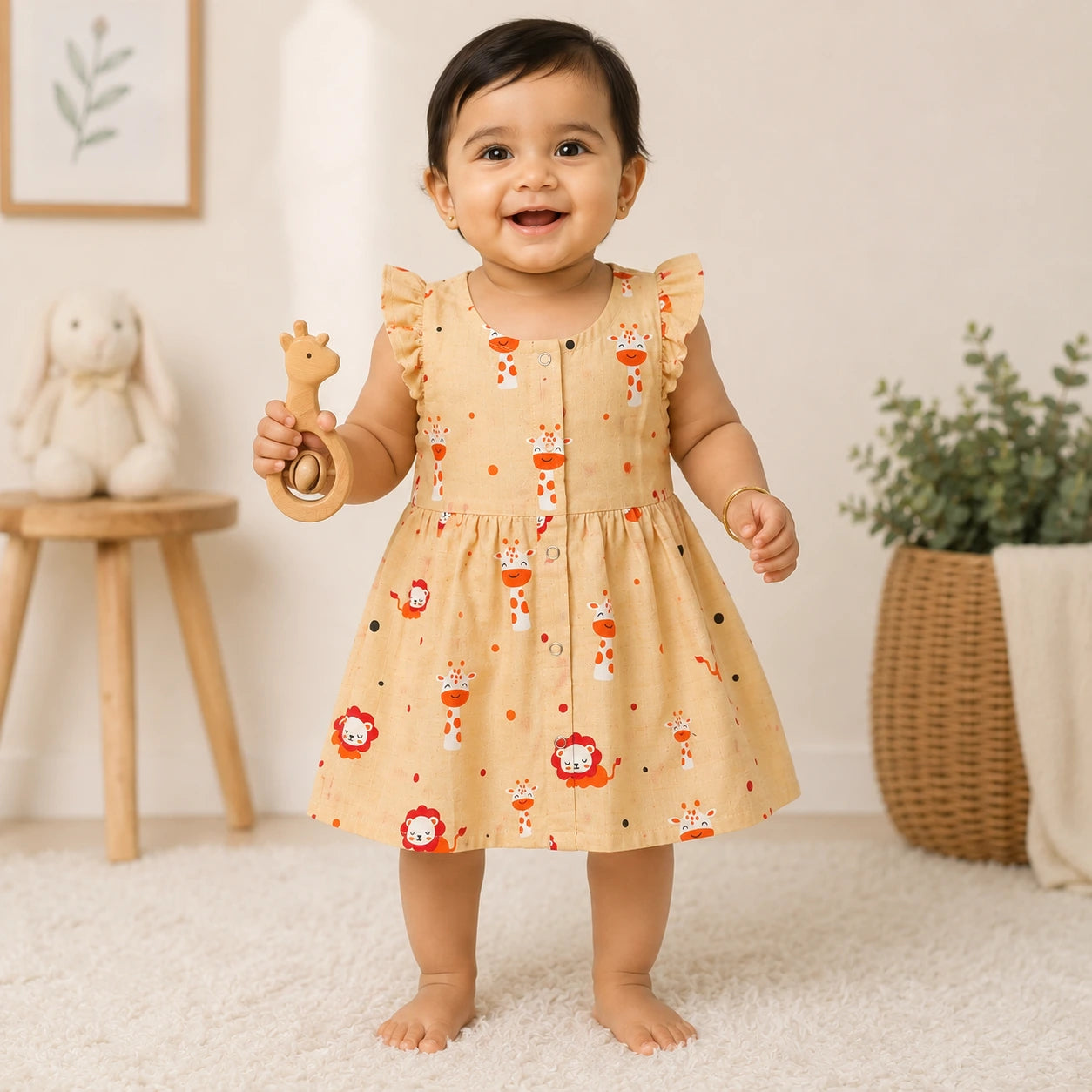 Muslin Cotton Baby Dress with Frill Sleeves |  Giraffy