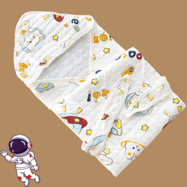 Muslin 2 Layer Crinkled Hooded Towel with Wrapper - Space