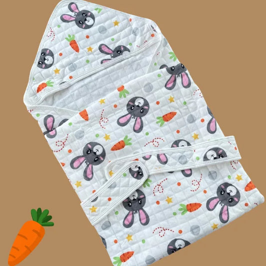 Muslin 2 Layer Crinkled Hooded Towel with Wrapper - Carrot Bunny