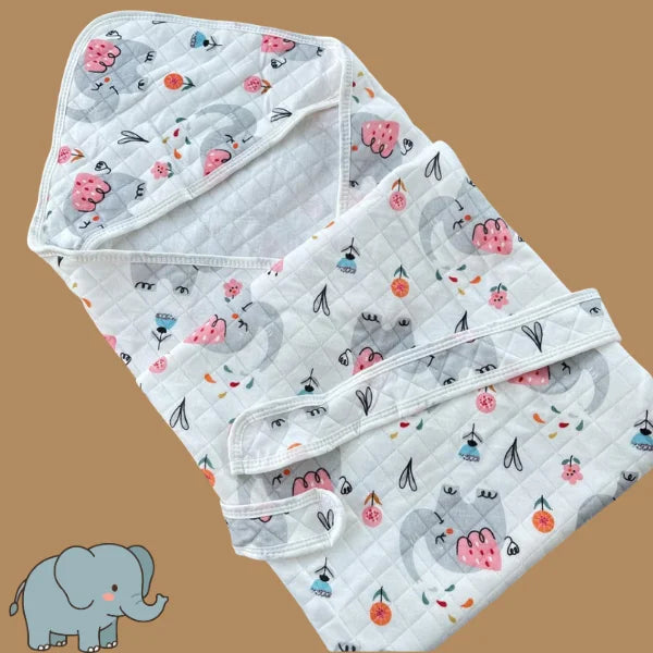Muslin 2 Layer Crinkled Hooded Towel with Wrapper - Elephant