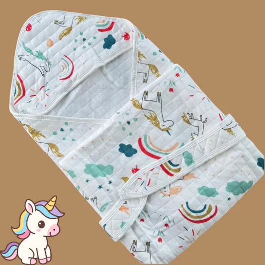 Muslin 2 Layer Crinkled Hooded Towel with Wrapper - Unicorn