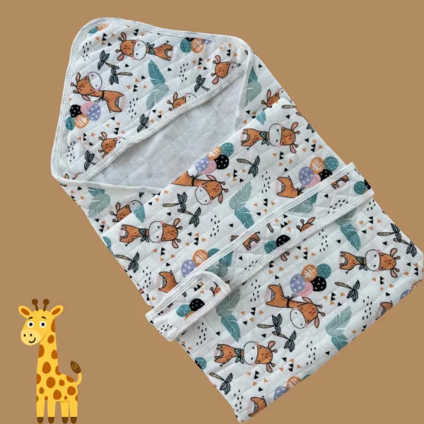 Muslin 2 Layer Crinkled Hooded Towel with Wrapper - Giraffe