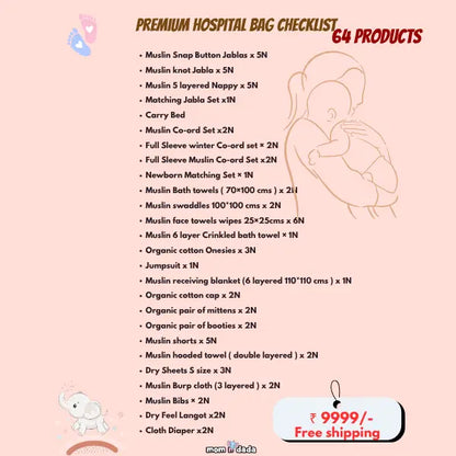Newborn Hospital Bag Kit | 64 Essential Items | Organic Muslin