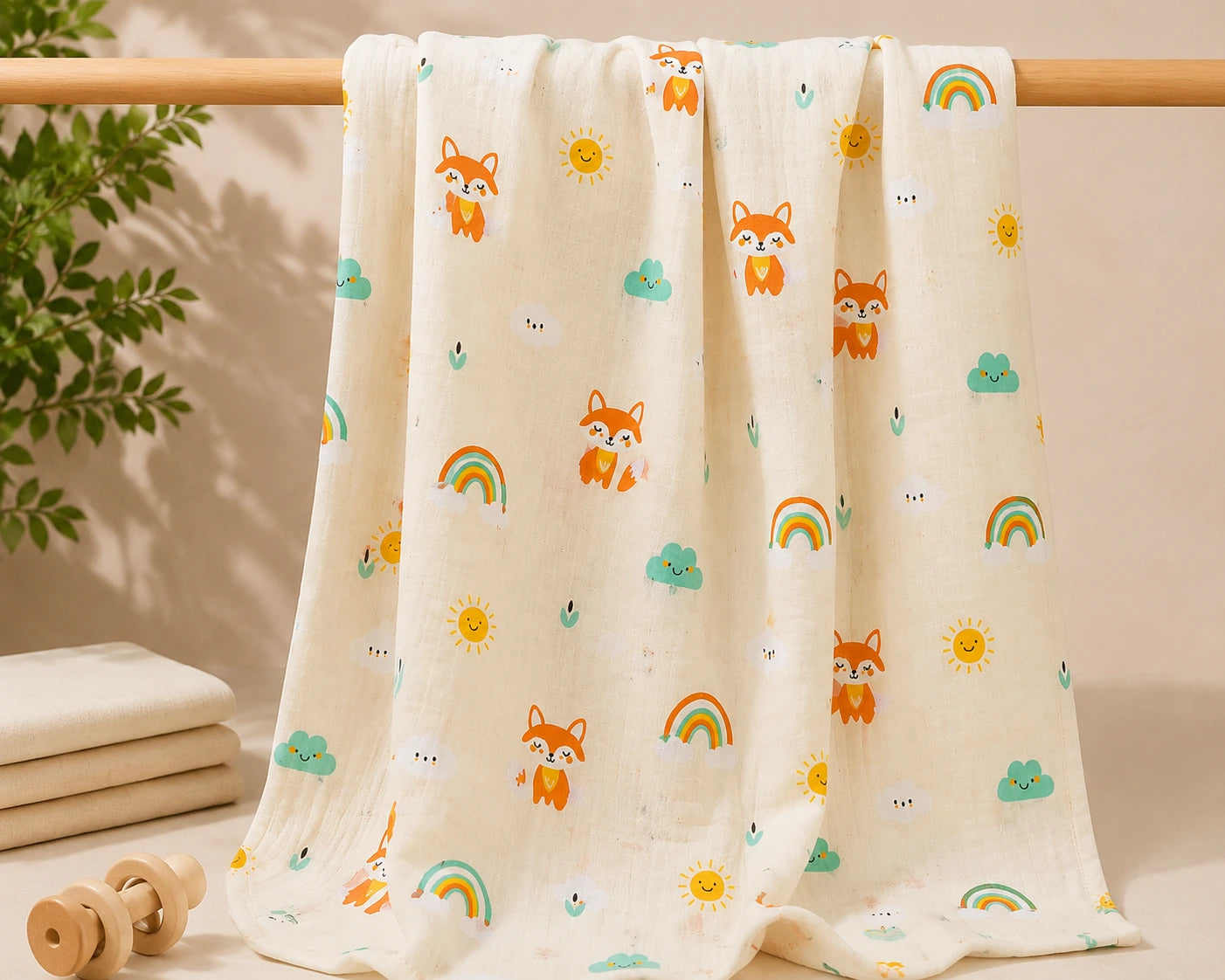 Muslin Swaddle - Ivory Colour Fox Print