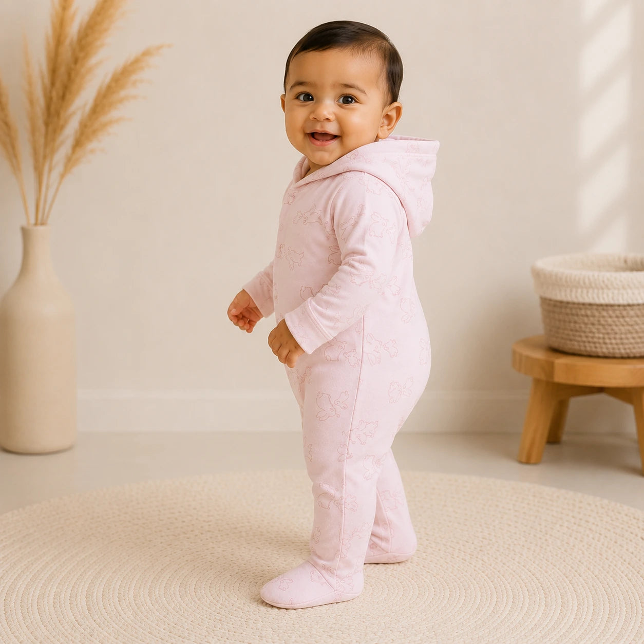 Soft Knitted organic cotton Jumpsuit - Hooded Pink