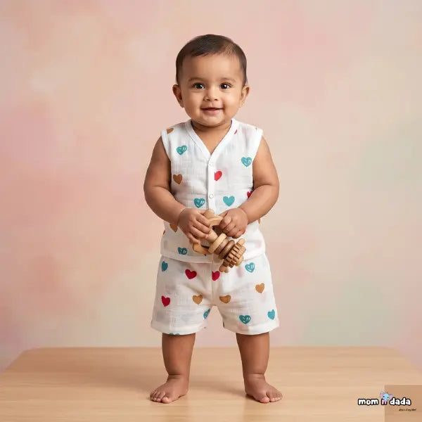 Muslin Sleeveless Co-ord Set - Heart Print
