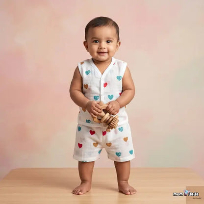 Muslin Sleeveless Co-ord Set - Heart Print