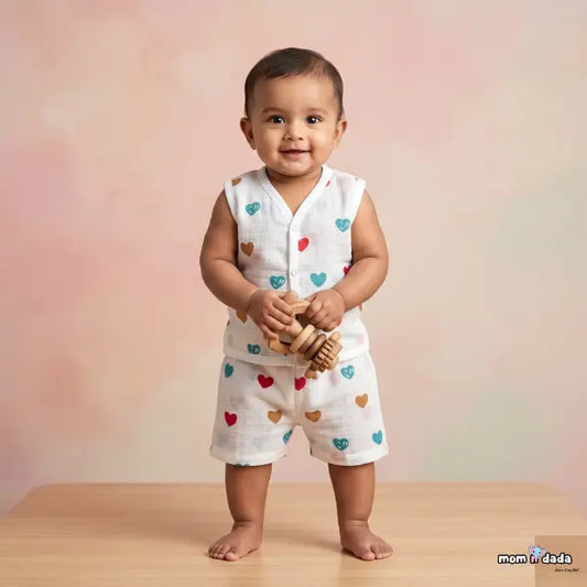 Muslin Sleeveless Co-ord Set - Heart Print