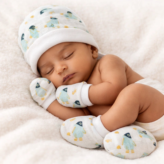 Muslin Cap, Mitten & Booties Set for Newborn -  Penguin  Print