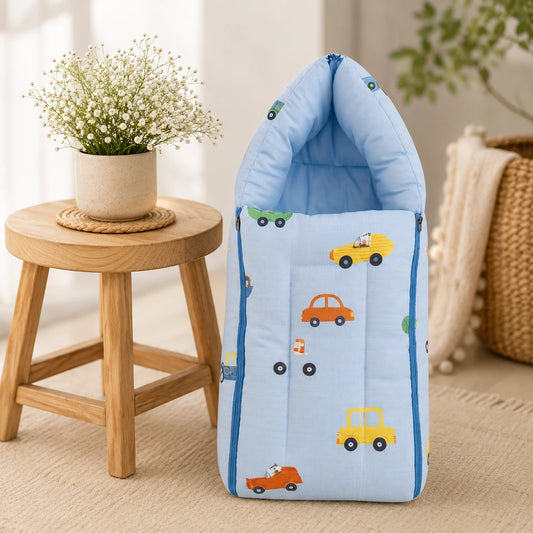 Baby Sleeping Bag & Carry Nest |  0–6 Months | Blue Car