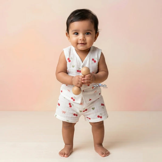 Muslin Sleeveless Co-ord Set - Cherry Print