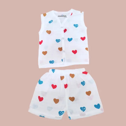 Muslin Sleeveless Co-ord Set - Heart Print