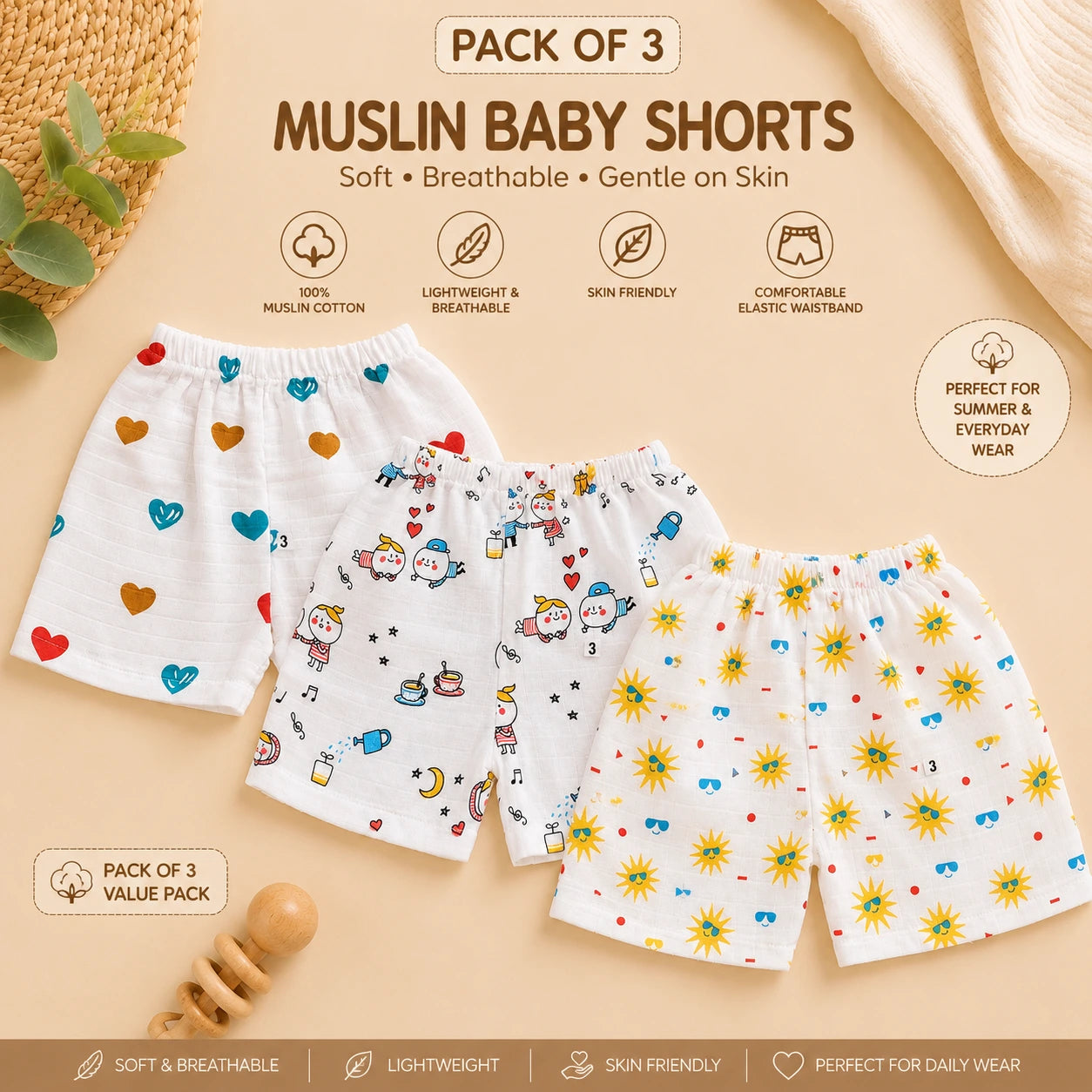 Muslin Shorts - Assorted Prints - 0-6 Months - Pack of 3