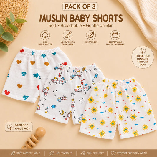 Muslin Shorts - Assorted Prints - (6-12) Months - Pack of 3