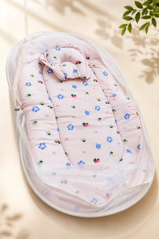 Muslin Baby Net Bed with Mosquito Net | Cherry print (Upto Above 1 year)