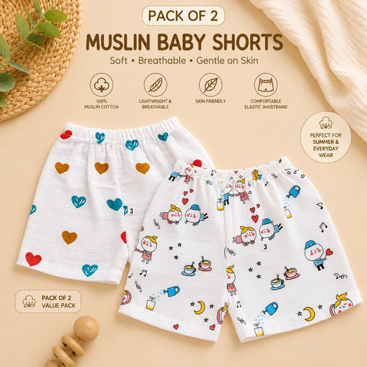 Muslin Shorts - Assorted Prints - 0-6 Months - Pack of 2