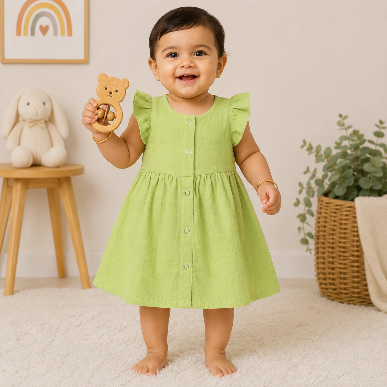 Muslin Cotton Baby Dress with Frill Sleeves |  Pastel Green