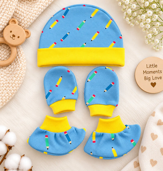🧸 Cap, Mitten & Booties Set NB & 0-3 Month - Pencil