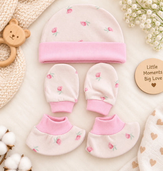 🧸 Cap, Mitten & Booties Set NB & 0-3 Month - Strawberry