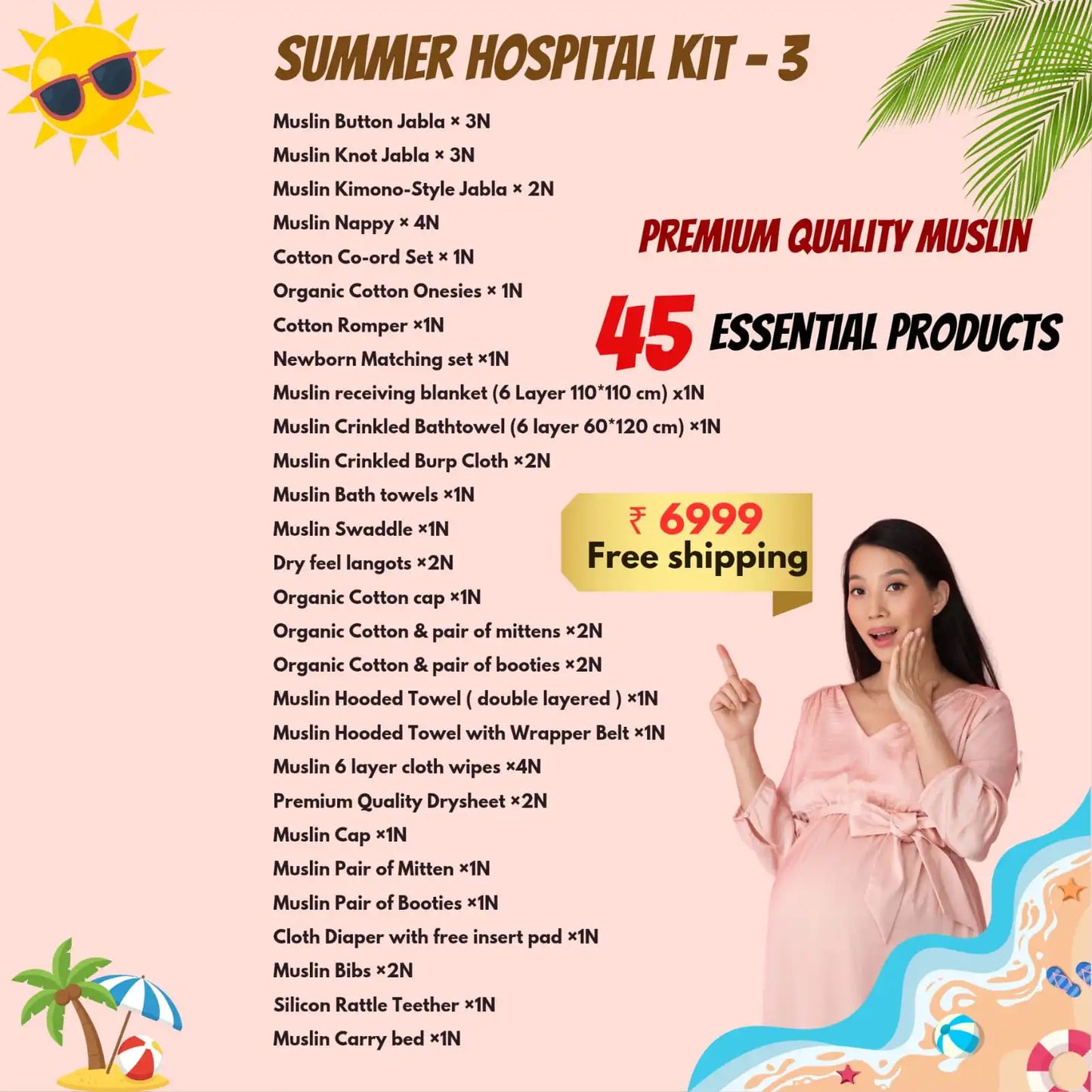 🌞 Summer Hospital Kit for Newborn Baby | 45 items| Organic Muslin