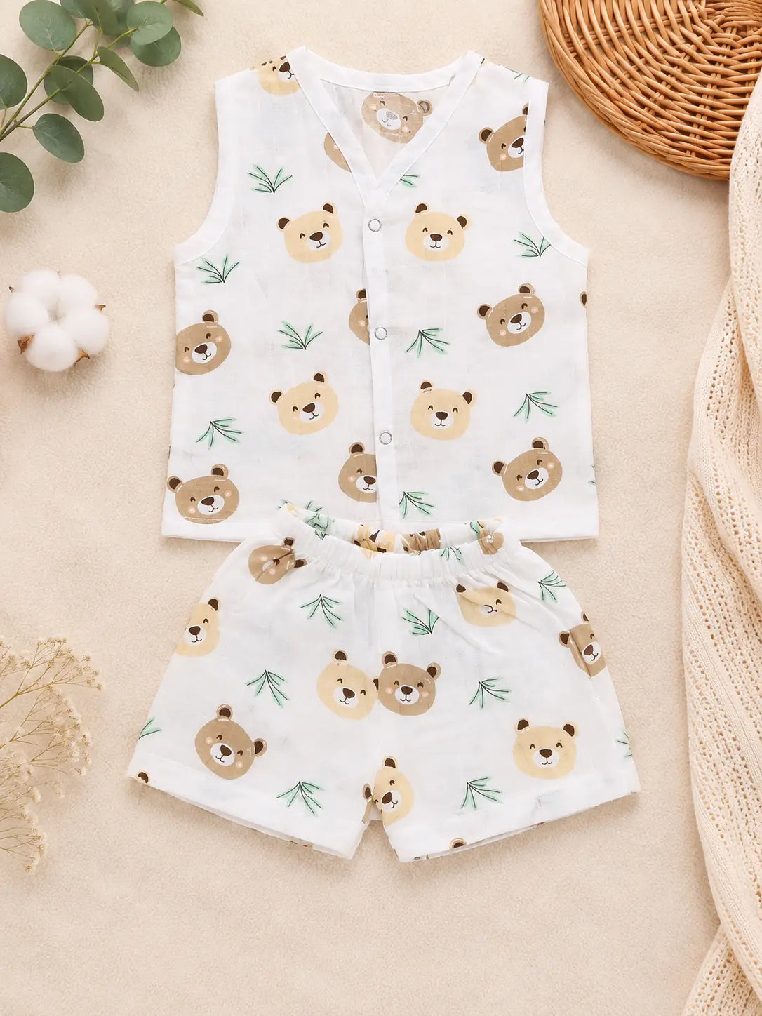 Muslin Sleeveless Co-ord Set - Teddy  Print