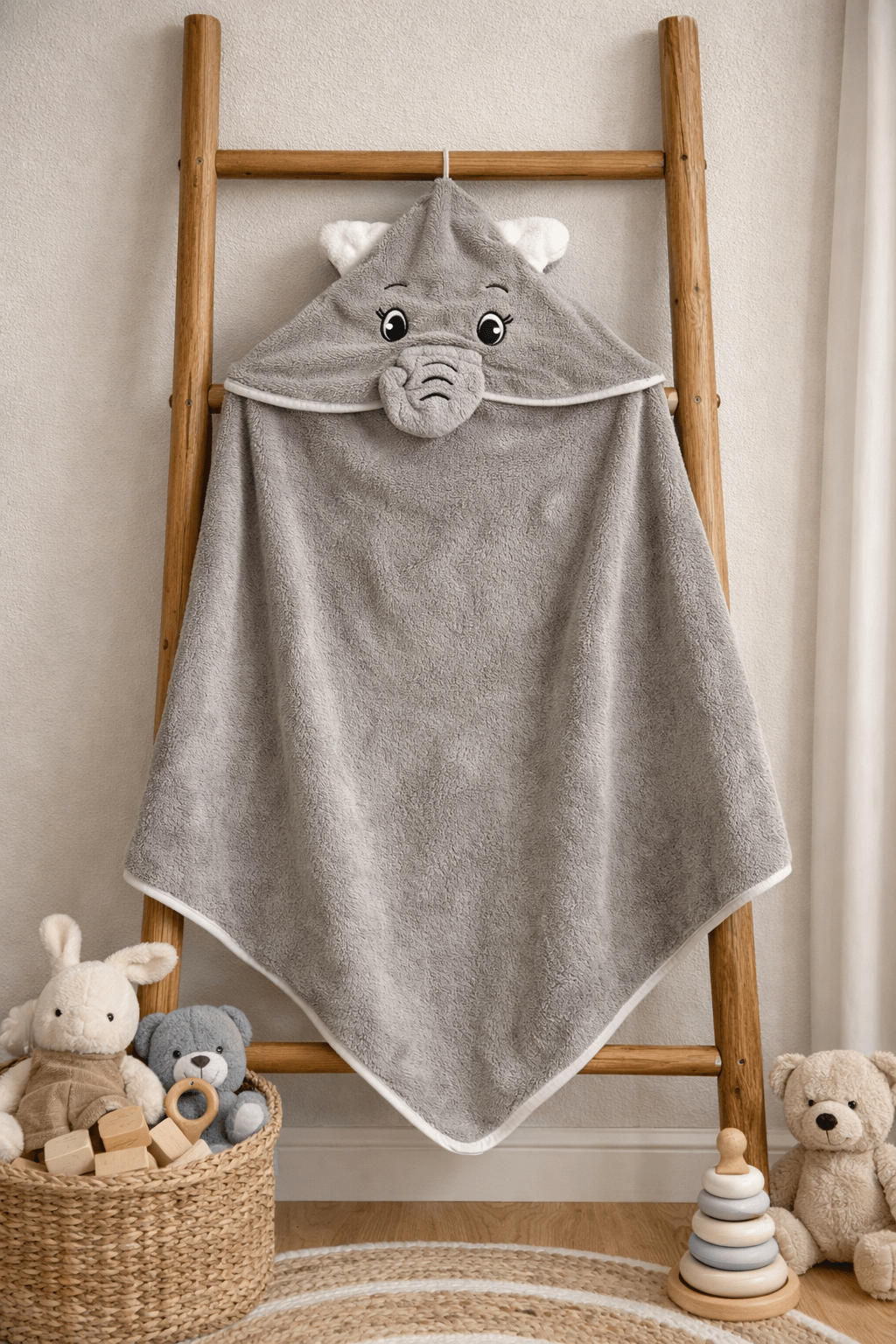 Baby Hooded Towel – Cute Elephant Ash Colour (Soft Terry Cotton) - momndada