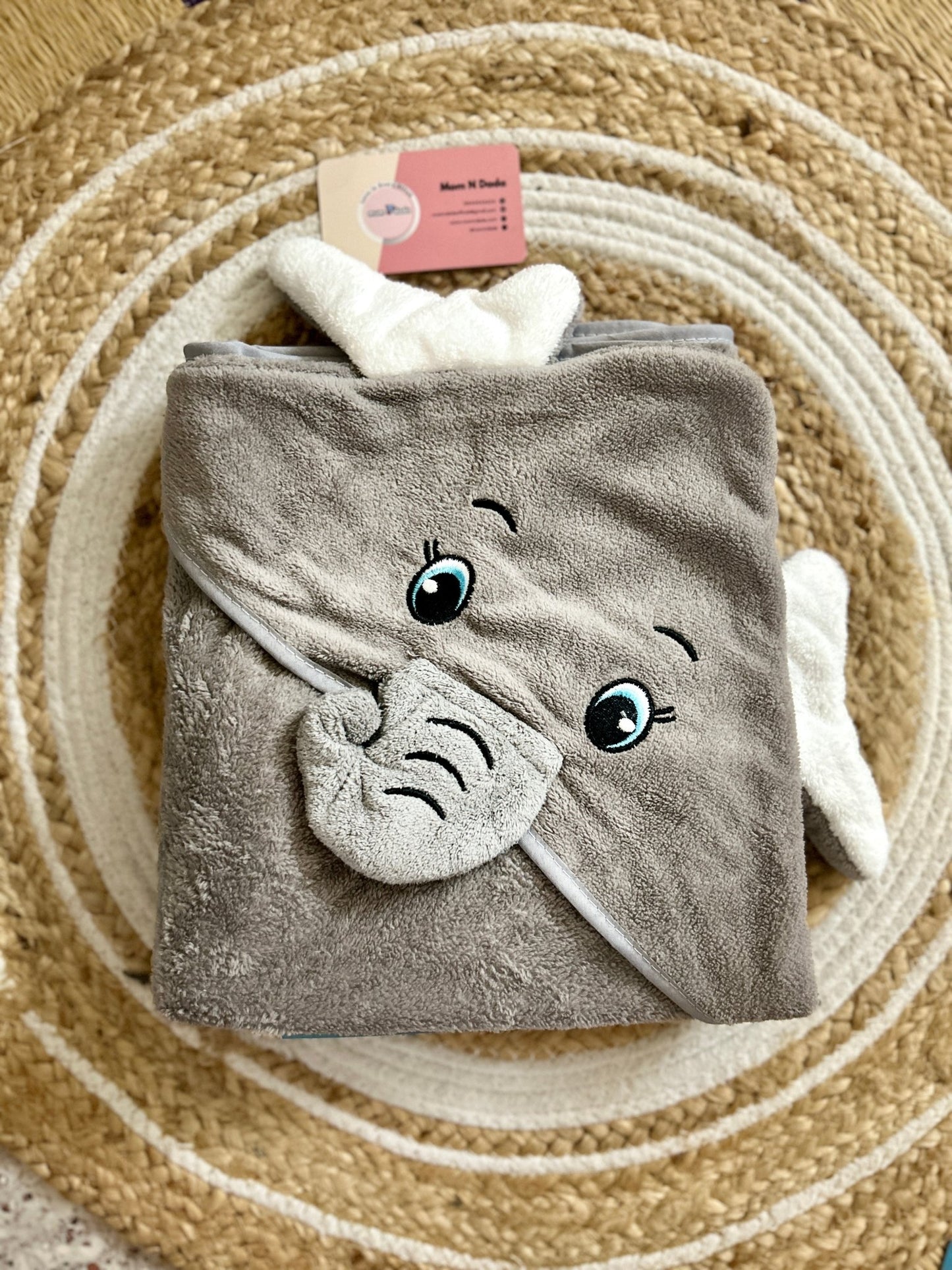 Baby Hooded Towel – Cute Elephant Ash Colour (Soft Terry Cotton) - momndada