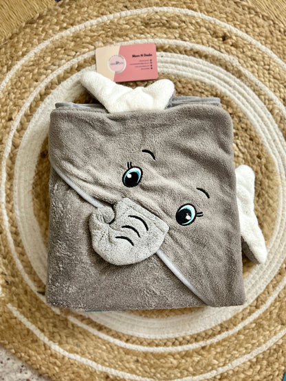 Baby Hooded Towel – Cute Elephant Ash Colour (Soft Terry Cotton) - momndada