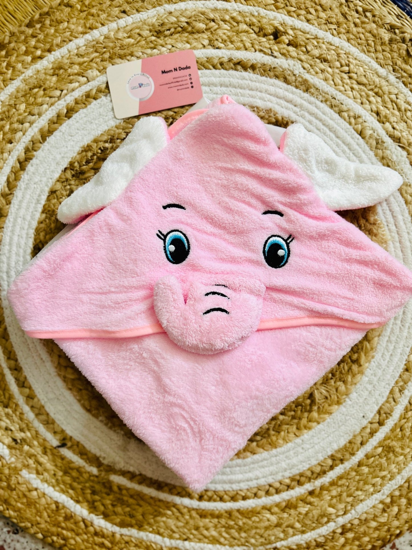Baby Hooded Towel – Cute Elephant Baby Pink (Soft Terry Cotton) - momndada