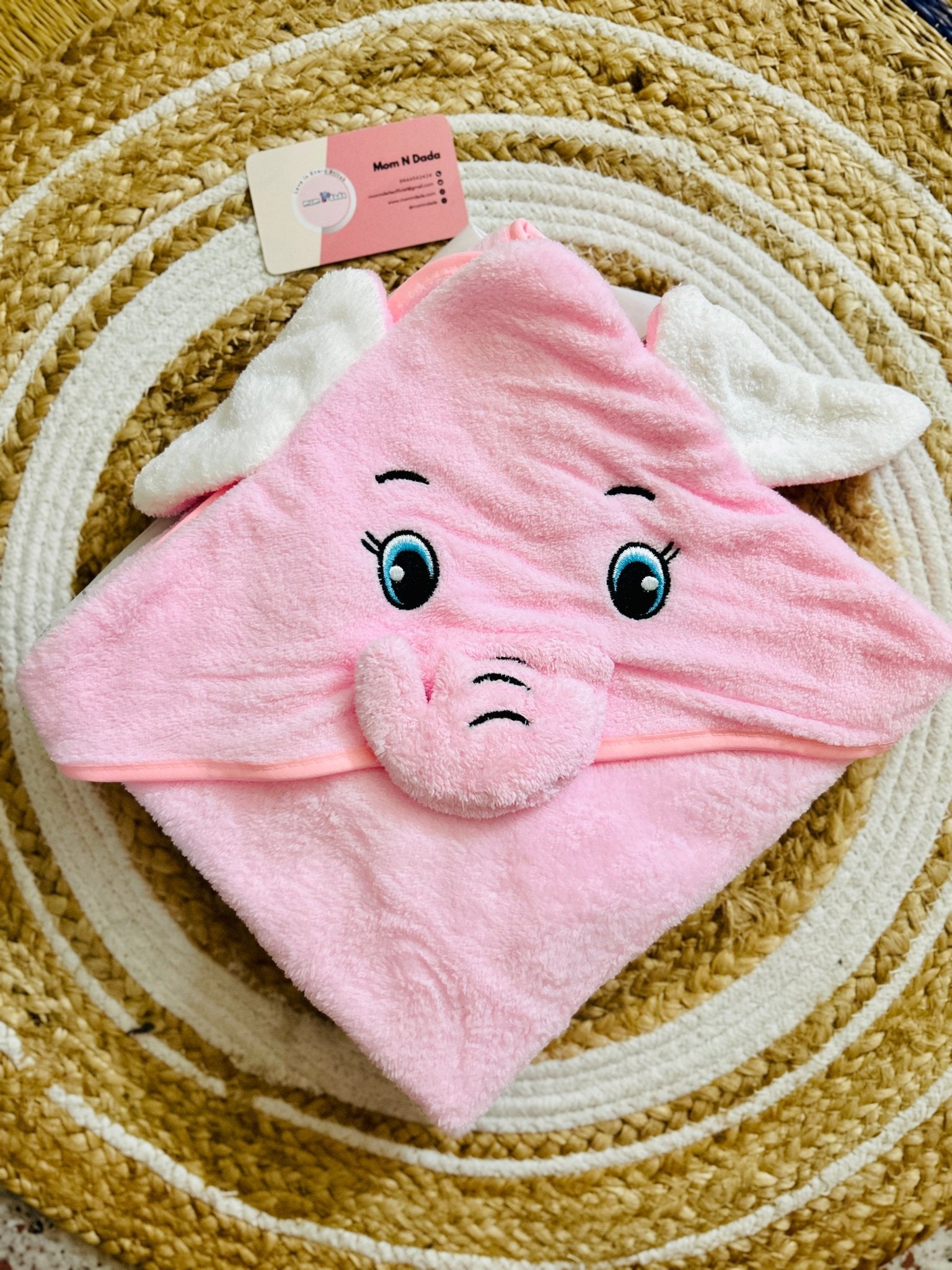 Baby Hooded Towel – Cute Elephant Baby Pink (Soft Terry Cotton) - momndada