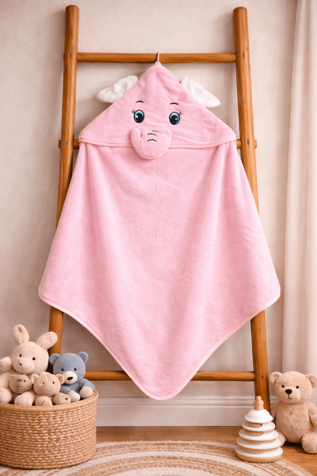 Baby Hooded Towel – Cute Elephant Baby Pink (Soft Terry Cotton) - momndada