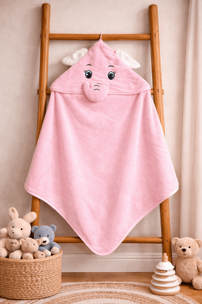 Baby Hooded Towel – Cute Elephant Baby Pink (Soft Terry Cotton) - momndada