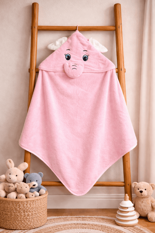 Baby Hooded Towel – Cute Elephant Baby Pink (Soft Terry Cotton) - momndada