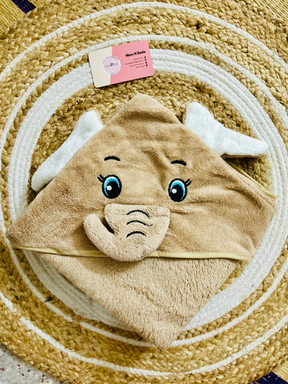 Baby Hooded Towel – Cute Elephant Cream Colour (Soft Terry Cotton) - momndada