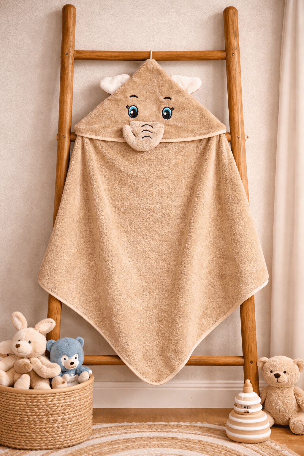 Baby Hooded Towel – Cute Elephant Cream Colour (Soft Terry Cotton) - momndada