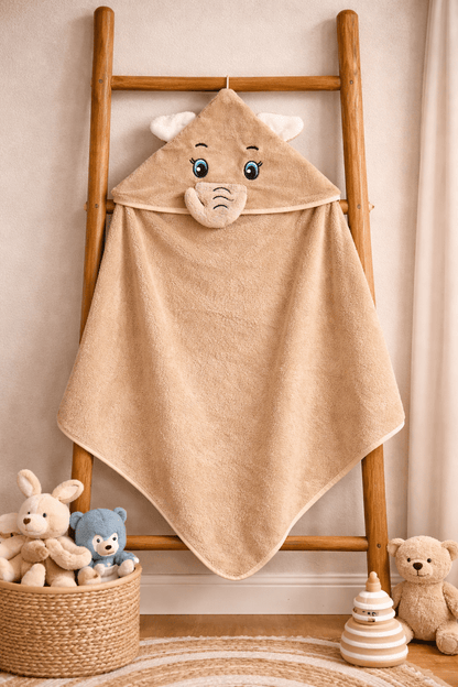 Baby Hooded Towel – Cute Elephant Cream Colour (Soft Terry Cotton) - momndada