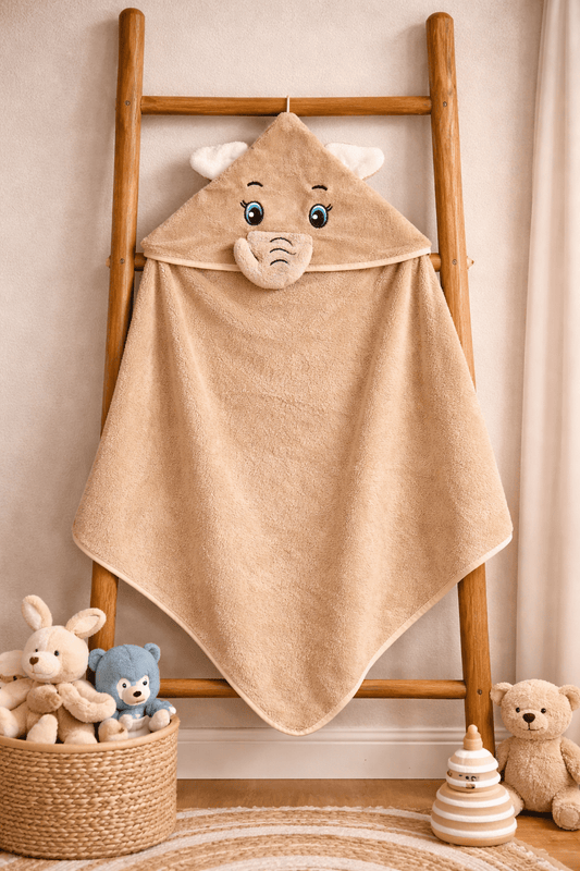Baby Hooded Towel – Cute Elephant Cream Colour (Soft Terry Cotton) - momndada
