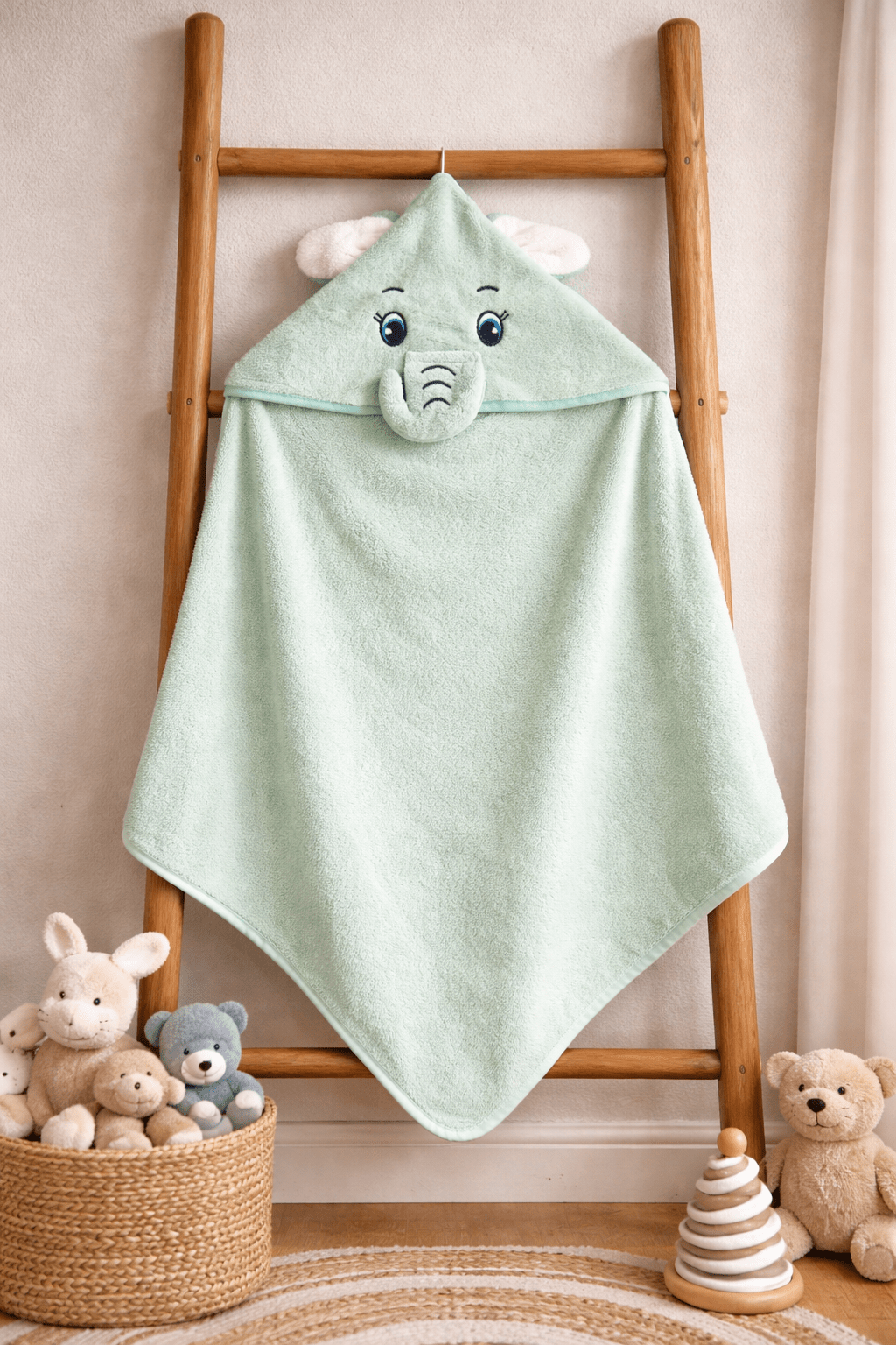 Baby Hooded Towel – Cute Elephant Pastel Green (Soft Terry Cotton) - momndada