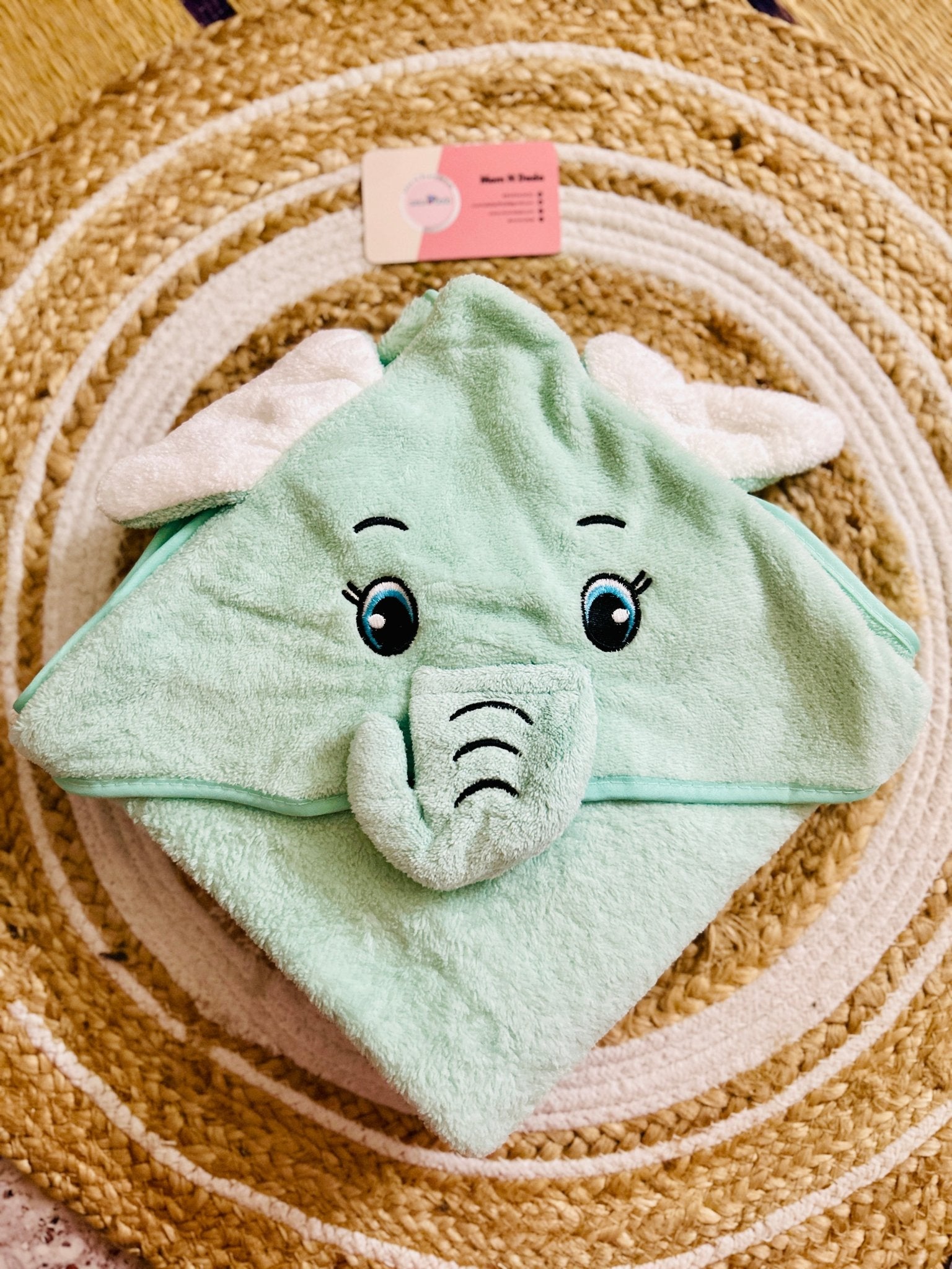 Baby Hooded Towel – Cute Elephant Pastel Green (Soft Terry Cotton) - momndada
