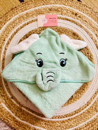 Baby Hooded Towel – Cute Elephant Pastel Green (Soft Terry Cotton) - momndada