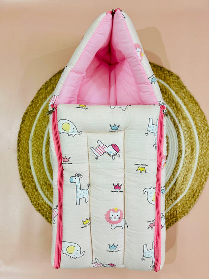 Baby Sleeping Bag & Carry Nest | 0–6 Months | Pink Animal - momndada