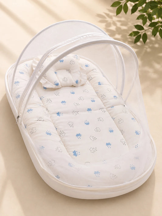 Muslin Baby Net Bed with Mosquito Net | Cloud print (Upto Above 1 year)