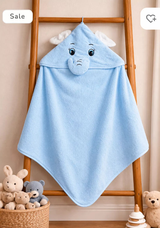 Baby Hooded Towel – Cute Elephant Sky Blue (Soft Terry Cotton)