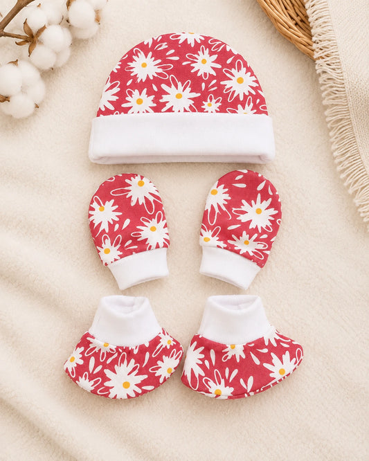 🧸 Cap, Mitten & Booties Set NB & 0-3 Month - Cherry Red Daisy.