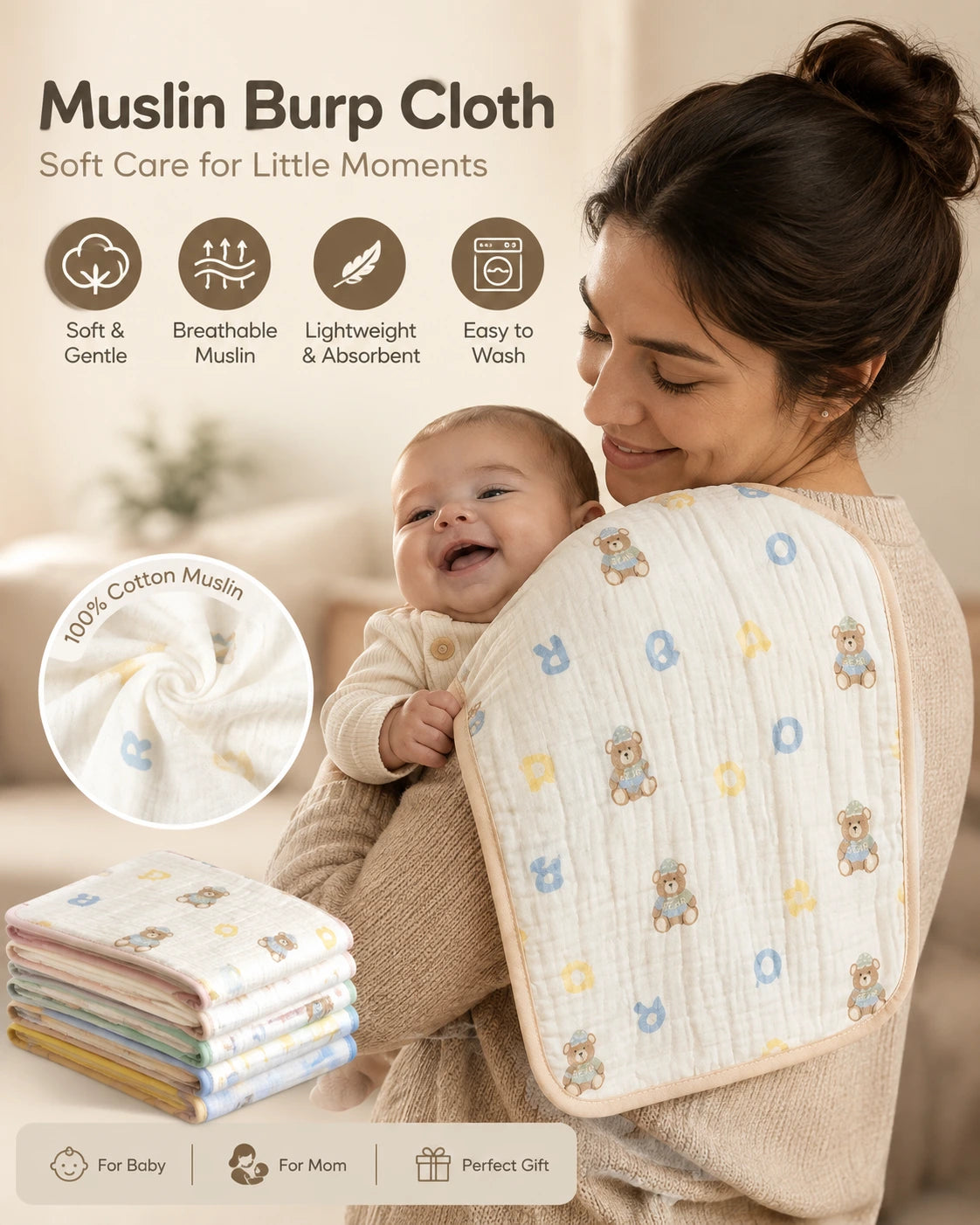 Premium Baby Muslin Burp Cloth - Pack of 2 (Assorted)