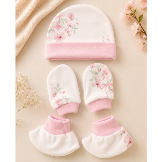 🧸 Cap, Mitten & Booties Set NB & 0-3 Month - Flower