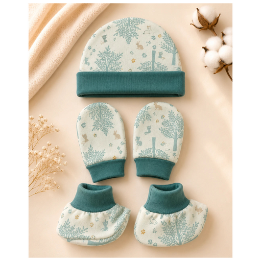 🧸 Cap, Mitten & Booties Set NB & 0-3 Month - Leaf